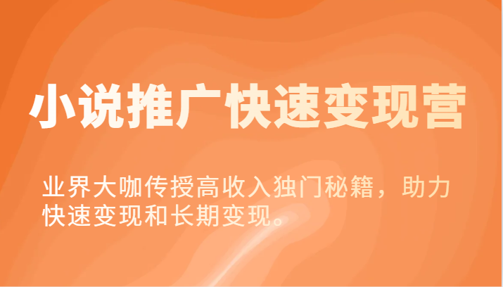 小说推广快速变现营-业界大咖传授高收入独门秘籍，助力快速变现和长期变现。-九天资源站