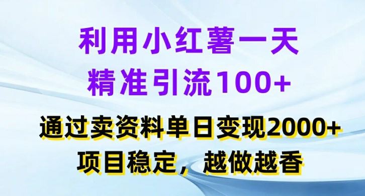 利用小红书一天精准引流100+，通过卖项目单日变现2k+，项目稳定，越做越香【揭秘】-九天资源站