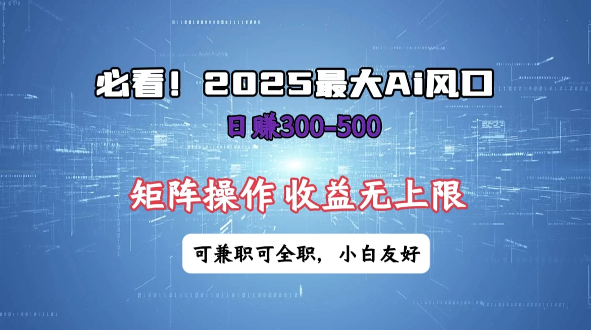 必看！2025 最大 AI 风口，每天三十分钟，日赚3位数起步，超适合小白，矩阵操作收益无上限，兼职全职皆可！-九天资源站