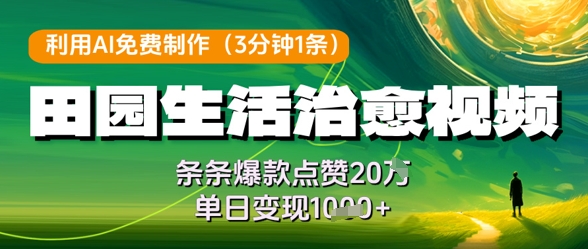 利用AI免费制作田园生活治愈视频，条条爆款点赞20W，单日变现几张-九天资源站