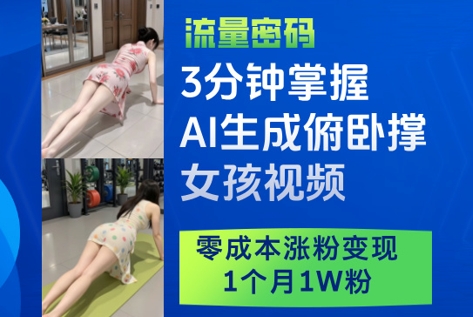 3分钟掌握AI生成俯卧撑女孩视频，零成本涨粉变现，1个月1W粉-九天资源站