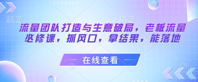 流量团队打造与生意破局，老板流量必修课，抓风口，拿结果，能落地-九天资源站