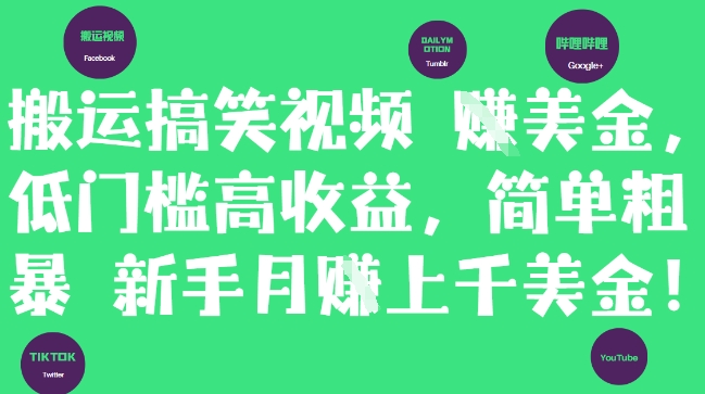 搬运搞笑视频挣美金，低门槛高收益，简单粗暴新手月入上千美刀-九天资源站