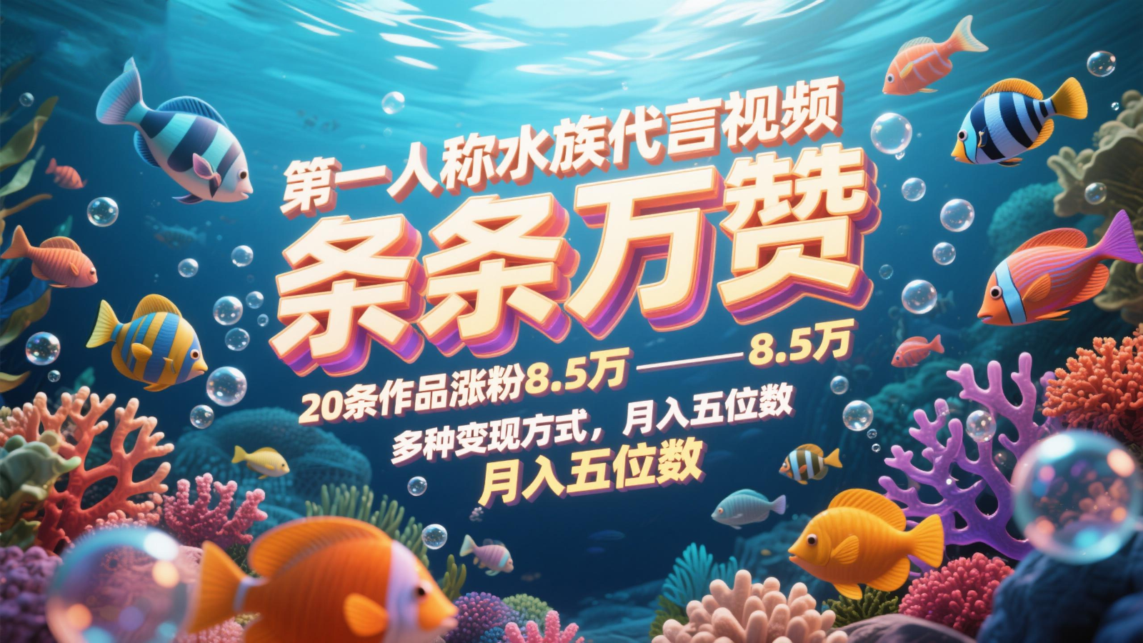 第一人称水族代言视频，条条万赞，20条作品涨粉8.5万，多种变现方式月，入五位数-九天资源站