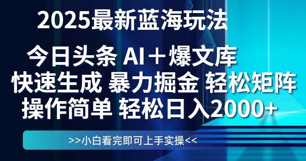 今日头条2025最新蓝海玩法，思路简单，复制粘贴，轻松实现矩阵日入2000+-九天资源站