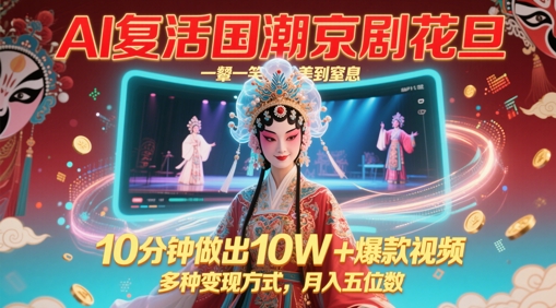 AI复活国潮京剧花旦，一颦一笑美到窒息，10分钟做出10W+爆款视频，多种变现方式，月入五位数-九天资源站