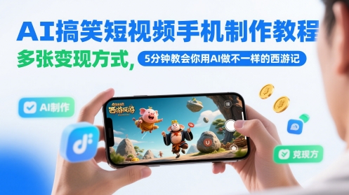 AI搞笑短视频手机制作教程，多张变现方式，5分钟教会你用AI做不一样的西游记-九天资源站