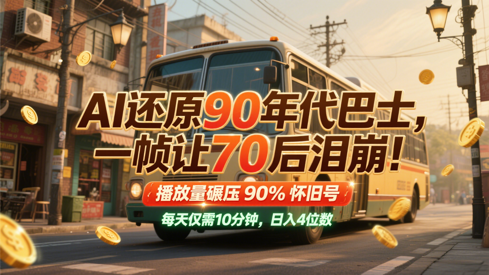 AI还原90年代巴士，一帧让70后泪崩！播放量碾压90%怀旧号，每天10分钟，日入4位数-九天资源站