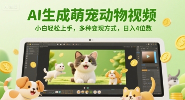 AI生成萌宠动物视频，小白轻松上手，多种变现方式，日入4位数-九天资源站