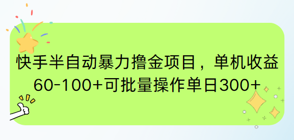 快手半自动暴力撸金项目，单机收益60-100+可批量操作单日300+-九天资源站