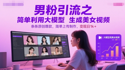 男粉引流之简单利用大模型生成美女视频，条条原创爆款，简单上传制作，变现日1k+-九天资源站