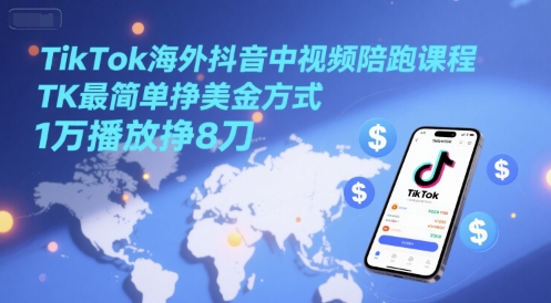 TikTok海外抖音中视频陪跑课程，TK最简单挣美金方式，1万播放挣8刀-九天资源站