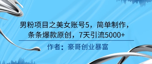 男粉项目之美女账号5，简单制作，条条爆款原创，7天引流5000+-九天资源站