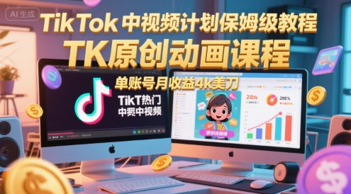 TikTok中视频计划保姆级教程，TK原创动画课程，单账号月收益4k美刀-九天资源站