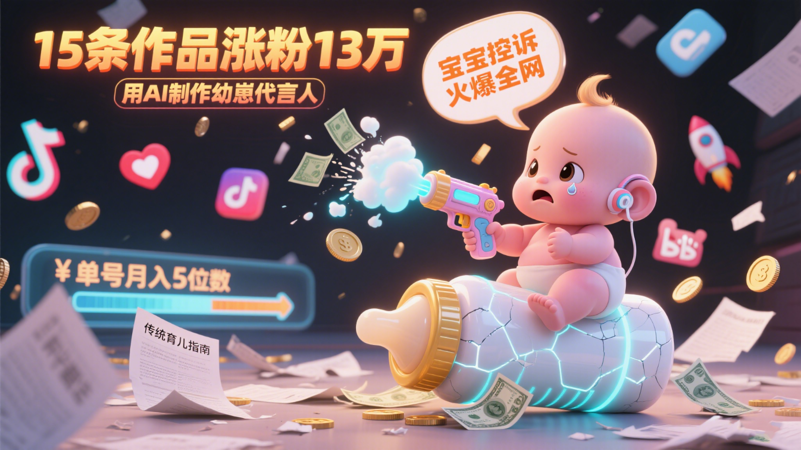用AI制作幼崽代言人，宝宝的控诉火爆全网，15条作品涨粉13万，单号月入5位数实操教程-九天资源站
