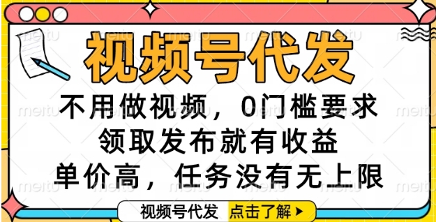 视频号代发，不用做视频，0门槛要求，领取发布就有收益，单价高，任务没有无上限【揭秘】-九天资源站