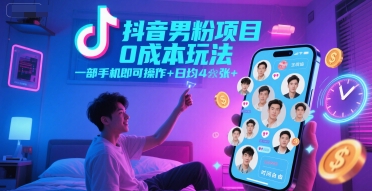抖音男粉项目0成本玩法，一部手机即可操作，日均4张+，时间自由-九天资源站
