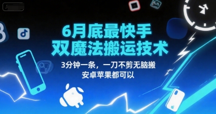 6月底最新快手双魔法搬运技术，3分钟一条，一刀不剪无脑搬，安卓苹果都可以-九天资源站
