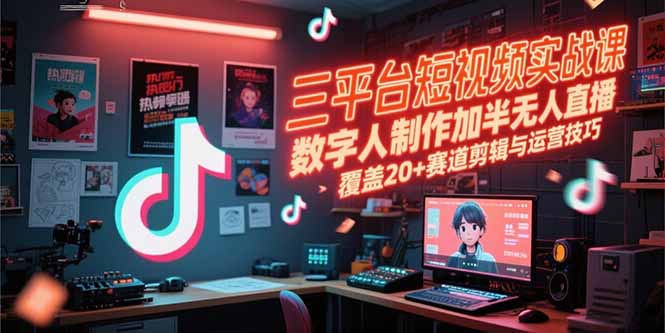 三平台短视频实战课，数字人制作加半无人直播，覆盖20+赛道剪辑与运营技巧-九天资源站