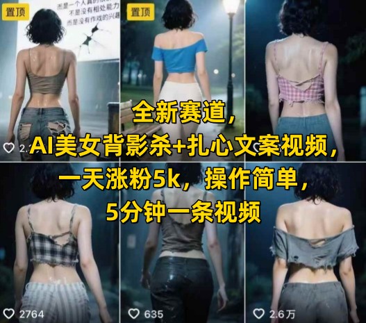 全新赛道，AI美女背影杀+扎心文案视频，一天涨粉5k，操作简单，5分钟一条视频-九天资源站
