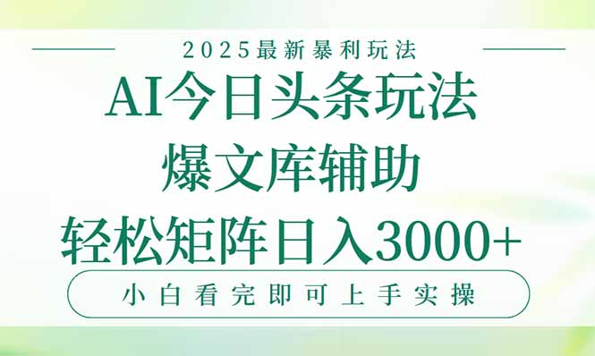 今日头条2025年最新暴利玩法，一键生成爆款，轻松实现矩阵日入3000+-九天资源站