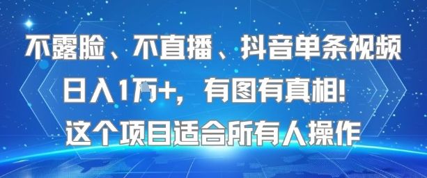 不露脸、不直播、抖音单条视频日入1W+，有图有真相！这个项目适合所有人操作-九天资源站
