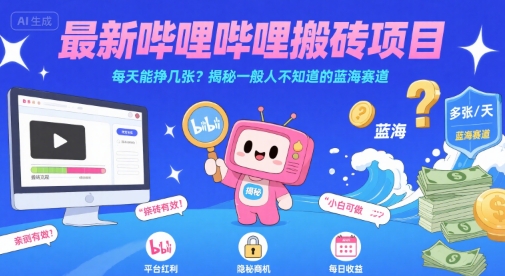 最新哔哩哔哩上B站搬砖项目，每天能挣几张？揭秘一般人不知道的蓝海赛道-九天资源站