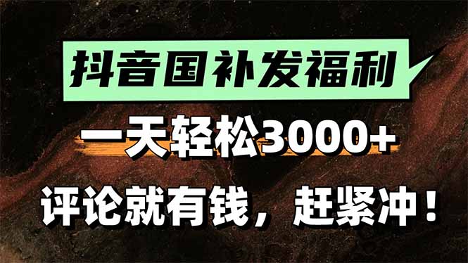一天轻松3000+，抖音国补福利！评论就有钱，还有额外躺赚！-九天资源站