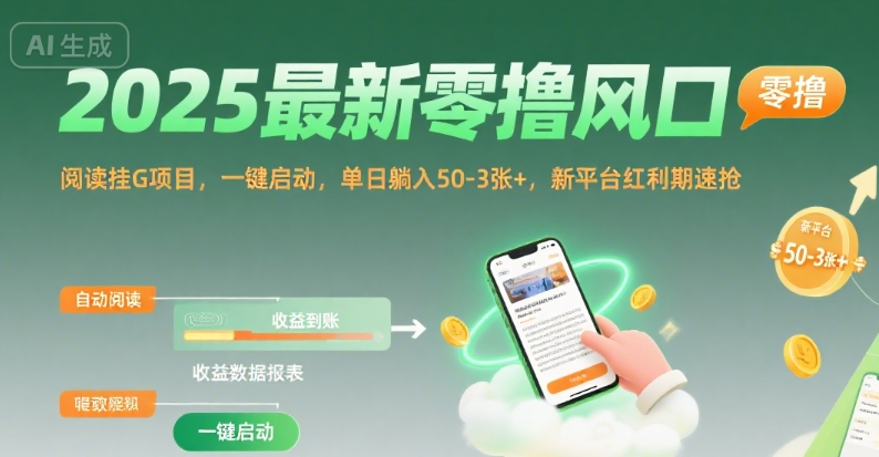 2025最新零撸风口，阅读挂G项目，一键启动，单日躺入 50-3张+，新平台红利期速抢【揭秘】-九天资源站