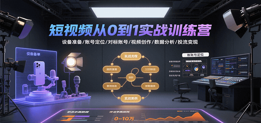 短视频从0到1实战训练营：设备准备/账号定位/对标账号/视频创作/数据分析/投流变现-九天资源站