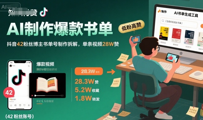 AI制作爆款书单，抖音42粉丝博主书单号制作拆解，单条视频28W赞-九天资源站