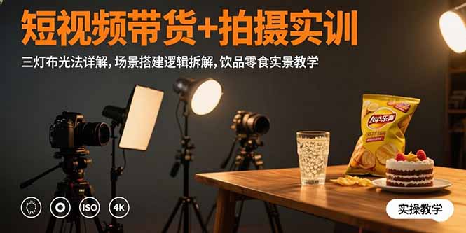 短视频带货+拍摄实训：三灯布光法详解,场景搭建逻辑拆解,饮品零食实景教学-九天资源站
