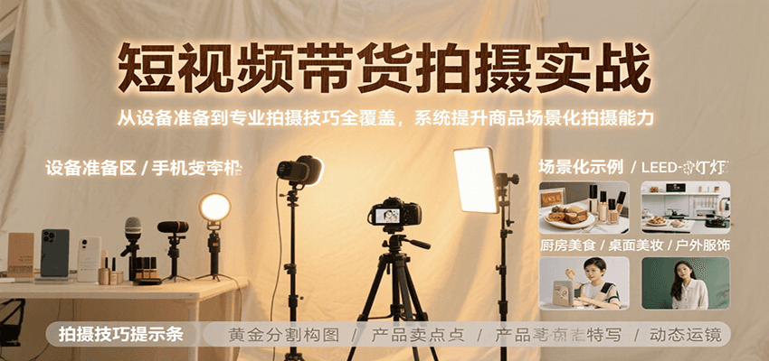 短视频带货拍摄实战，从设备准备到专业拍摄技巧全覆盖，系统提升商品场景化拍摄能力-九天资源站