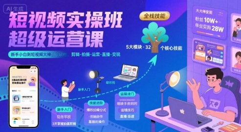 短视频实操班超级运营课，新手小白到短视频大神必修课程，剪辑-拍摄-运营-直播-变现-九天资源站