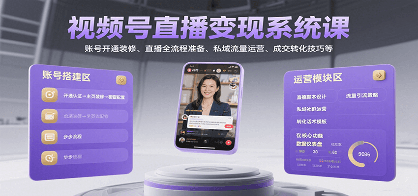 视频号直播变现系统课，账号开通装修、直播全流程准备、私域流量运营、成交转化技巧等-九天资源站