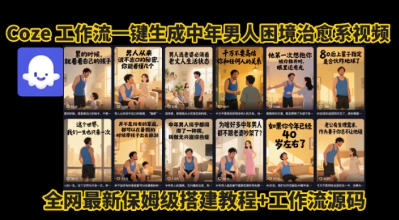 coze工作流一键生成”中年男人困境扎心高涨粉高播放量图文视频”保姆级拆解教程，无需剪辑，无需拍摄写文案-九天资源站