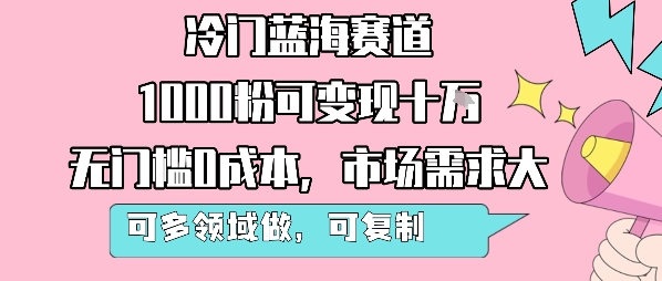冷门蓝海赛道，1000粉可变现十W，无门槛0成本，市场需求大，可多领域做，可复制性强-九天资源站
