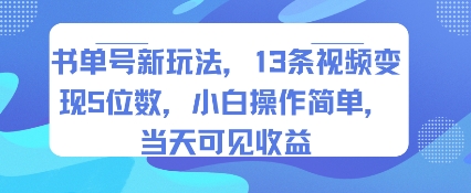 书单号新玩法，13条视频变现5位数，小白操作简单，当天可见收益-九天资源站