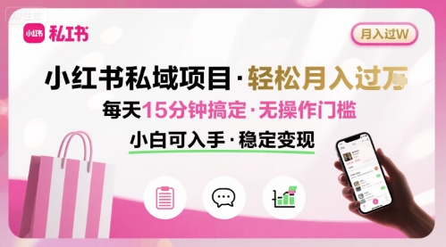小红书私域项目 月入过W非常轻松 每天15分钟即可搞定，无任何操作门槛，小白可入手-九天资源站