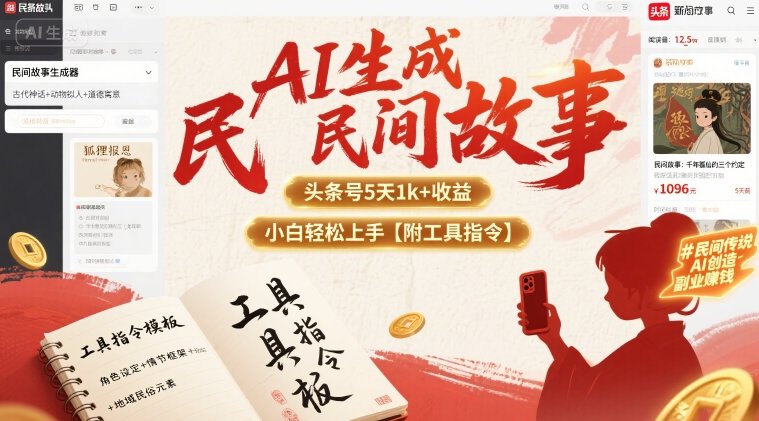 AI生成民间故事，头条号5天1k+，小白轻松上手【附工具指令】-九天资源站