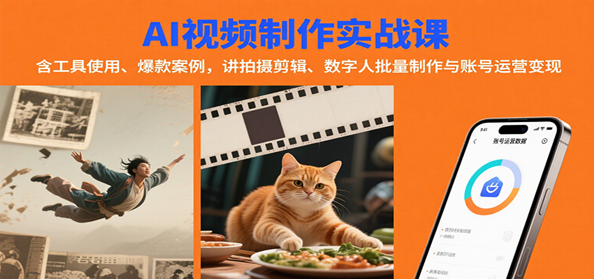 AI视频制作实战：含工具使用、爆款案例，讲拍摄剪辑、数字人批量制作与账号运营变现-九天资源站