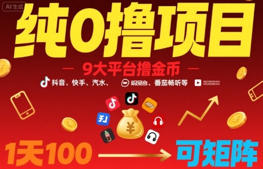 纯0撸项目，9大平台撸金币，抖音，快手，汽水，番茄畅听等，1天100，可矩阵-九天资源站