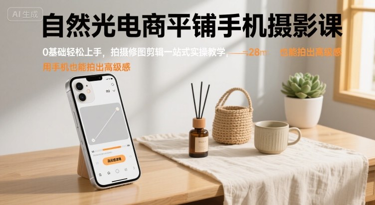 自然光电商平铺手机摄影课，0基础轻松上手，拍摄修图剪辑一站式实操教学，用手机也能拍出高级感-九天资源站