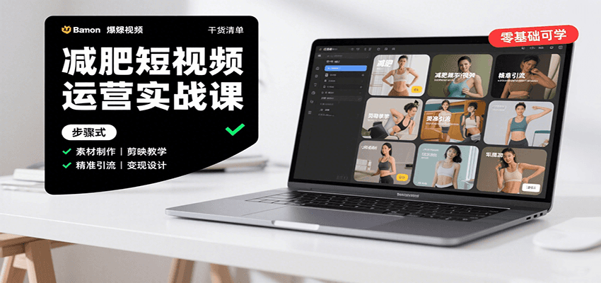 减肥短视频运营实战课：含素材制作、剪映教学，讲精准引流、变现设计与内容模板技巧-九天资源站