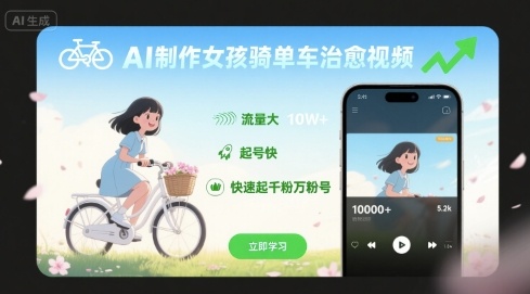 AI制作女孩骑单车治愈视频，流量大，起号快，快速起千粉万粉号-九天资源站
