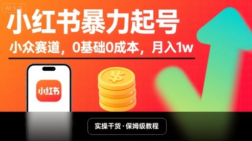 小红书暴力起号，小众赛道，0基础0成本，月入1w-九天资源站