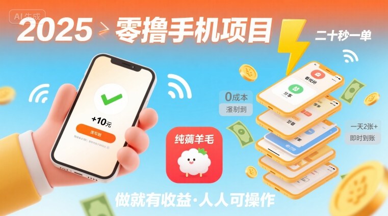 2025年零撸手机项目，二十秒一单，纯薅羊毛 一天2张+做就有-九天资源站