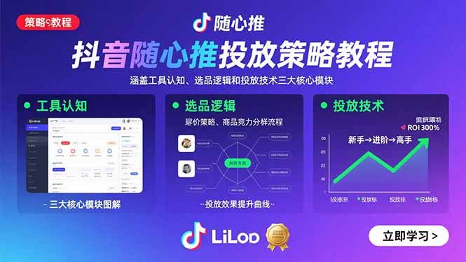 抖音随心推投放策略教程：涵盖工具认知、选品逻辑和投放技术三大核心模块-九天资源站