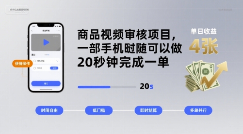 商品视频审核项目，一部手机随时随地都可以做，20秒钟完成一单，单日收益 4张【揭秘】-九天资源站