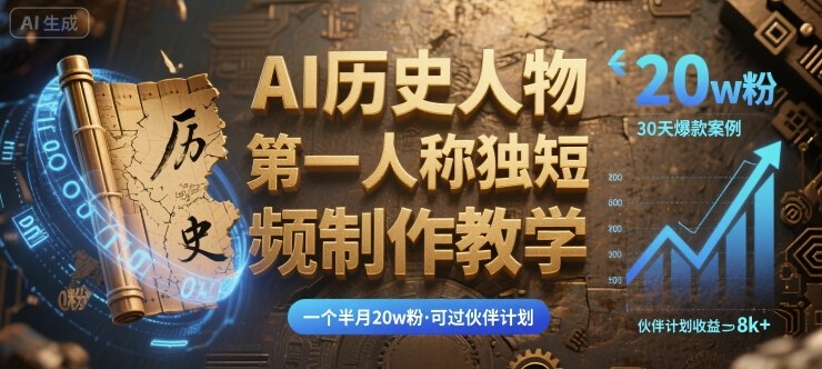 最新AI历史人物第一人称独白短视频制作教学，一个半月20w粉，可过伙伴计划-九天资源站